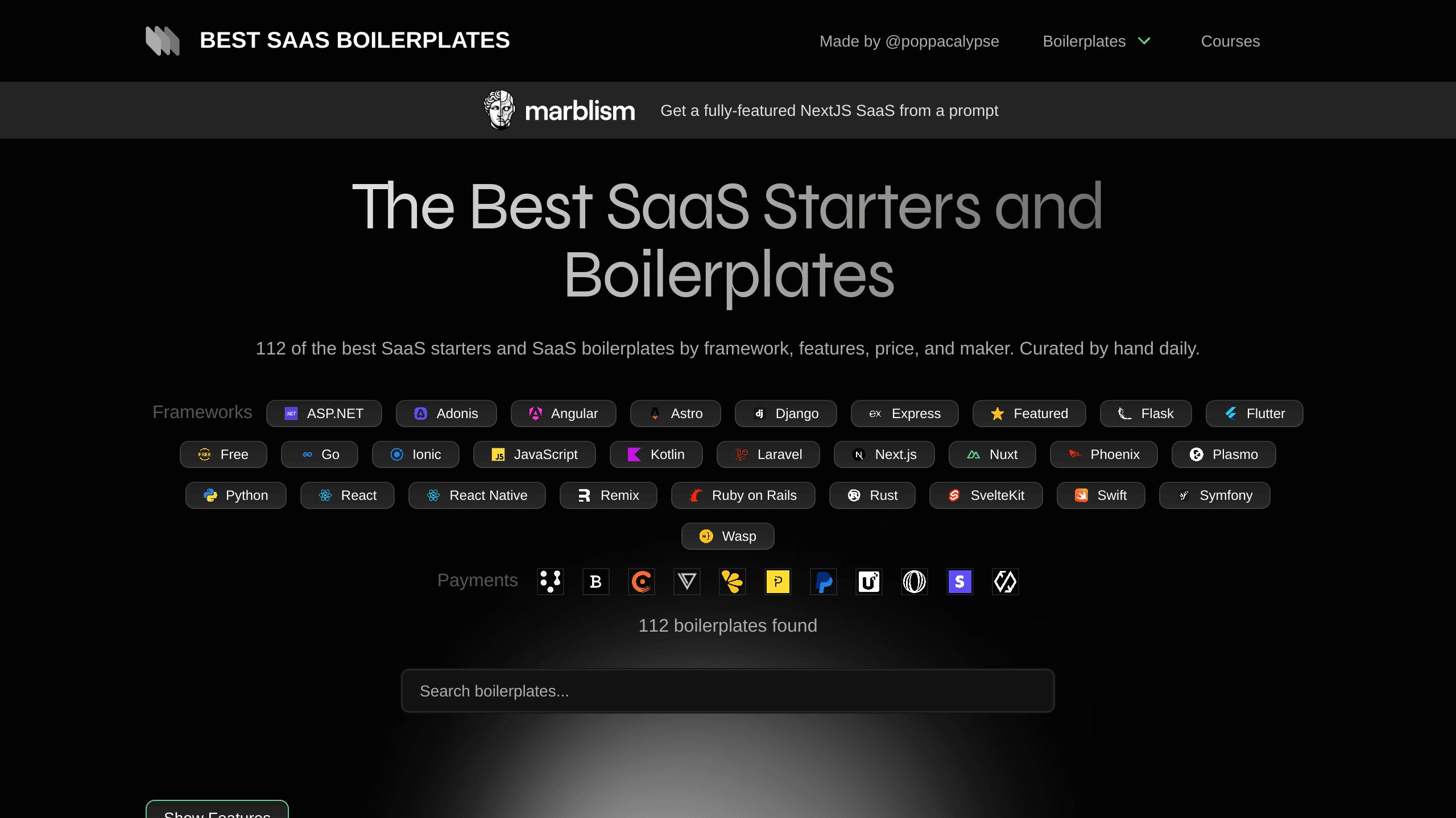 SaaS Boilerplates's website screenshot