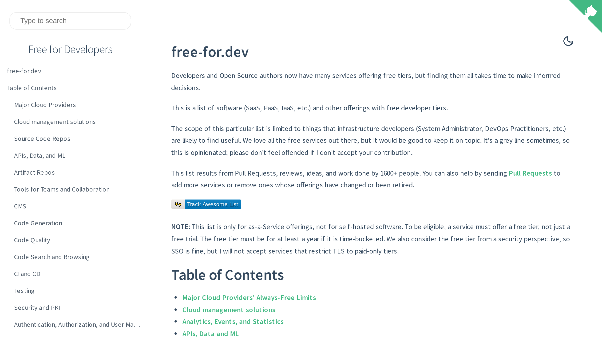 FreeForDev's website screenshot