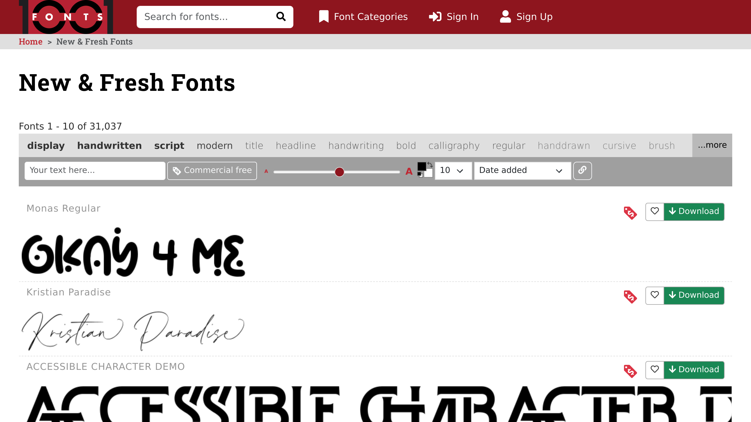 1001 Fonts's website screenshot