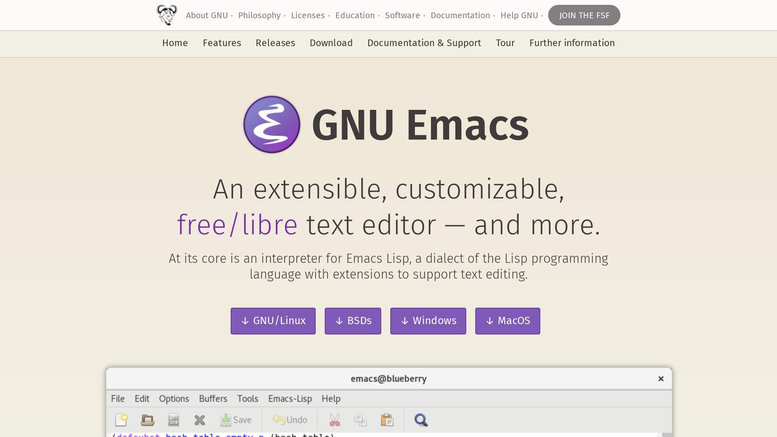 Emacs's website screenshot