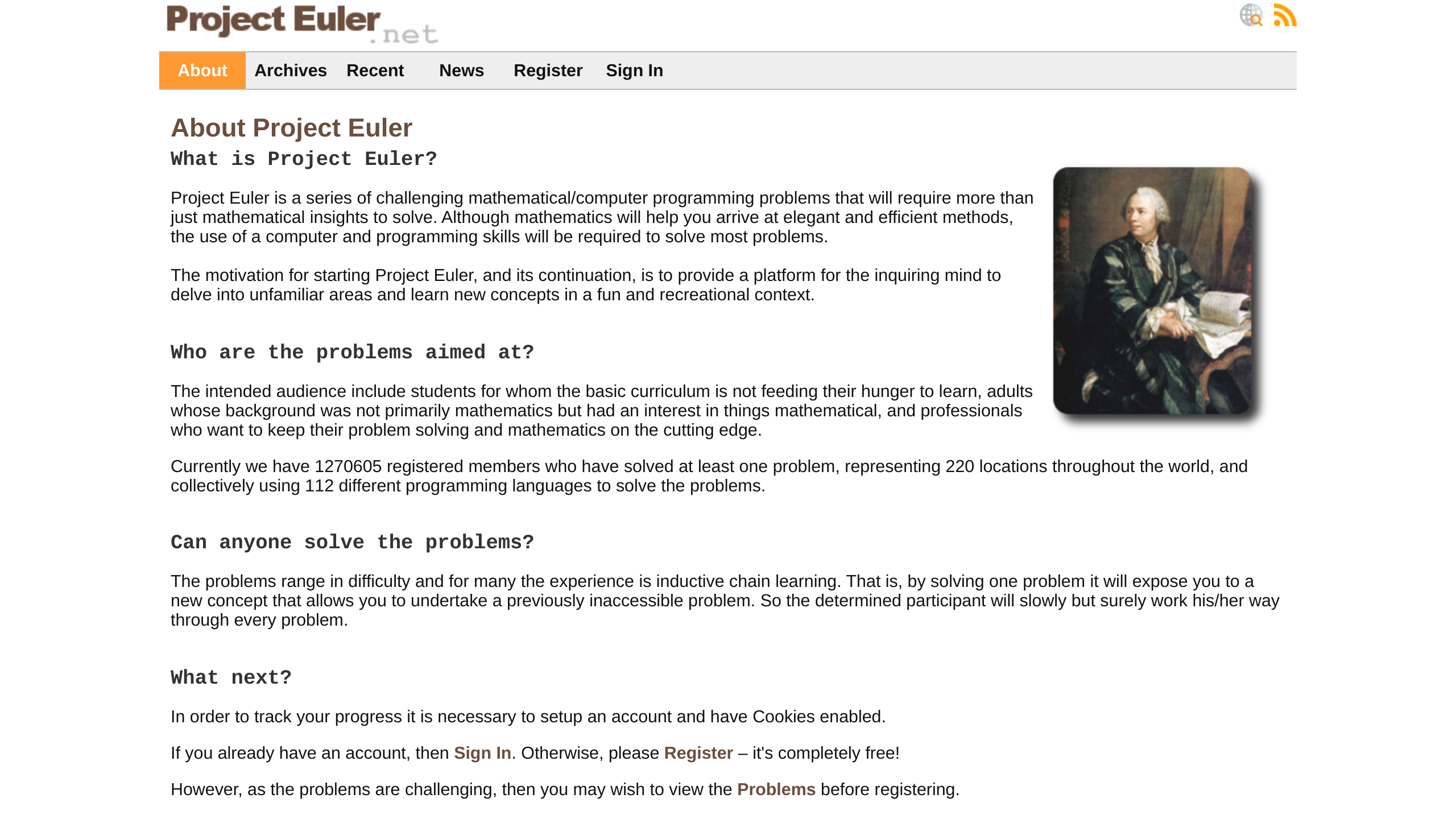 Project Euler's website screenshot