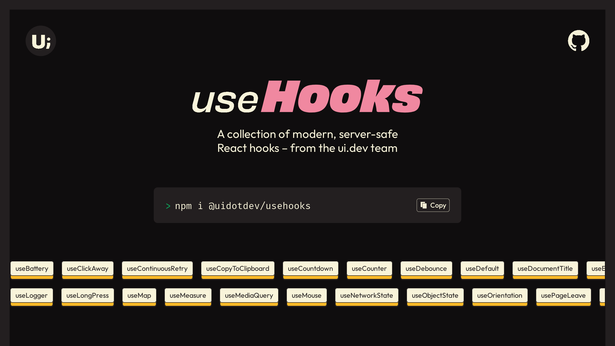 useHooks's website screenshot