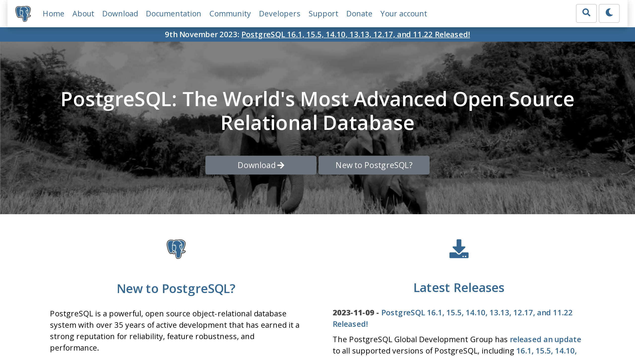 PostgreSQL's website screenshot