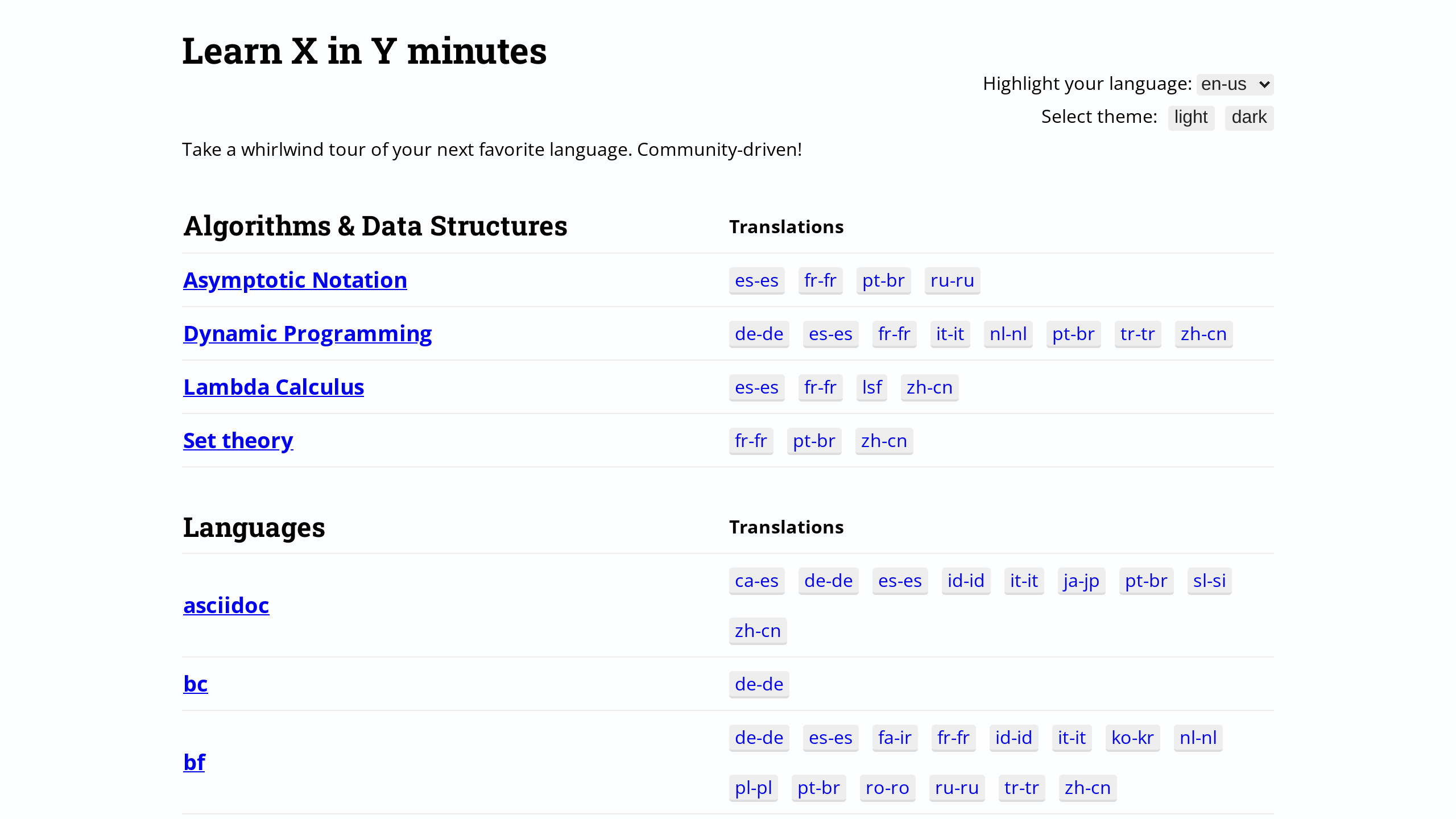 Learn X in Y minutes's website screenshot