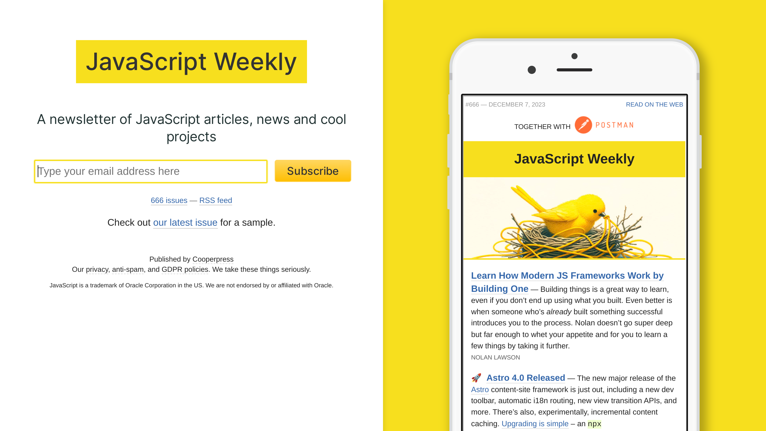JavaScript Weekly's website screenshot