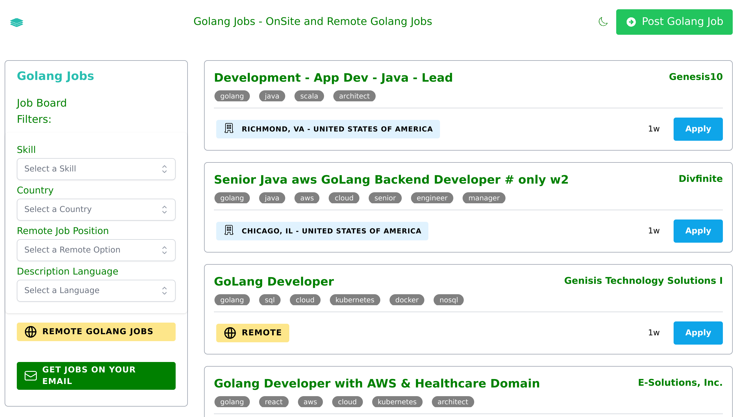 Golang Developer Jobs's website screenshot