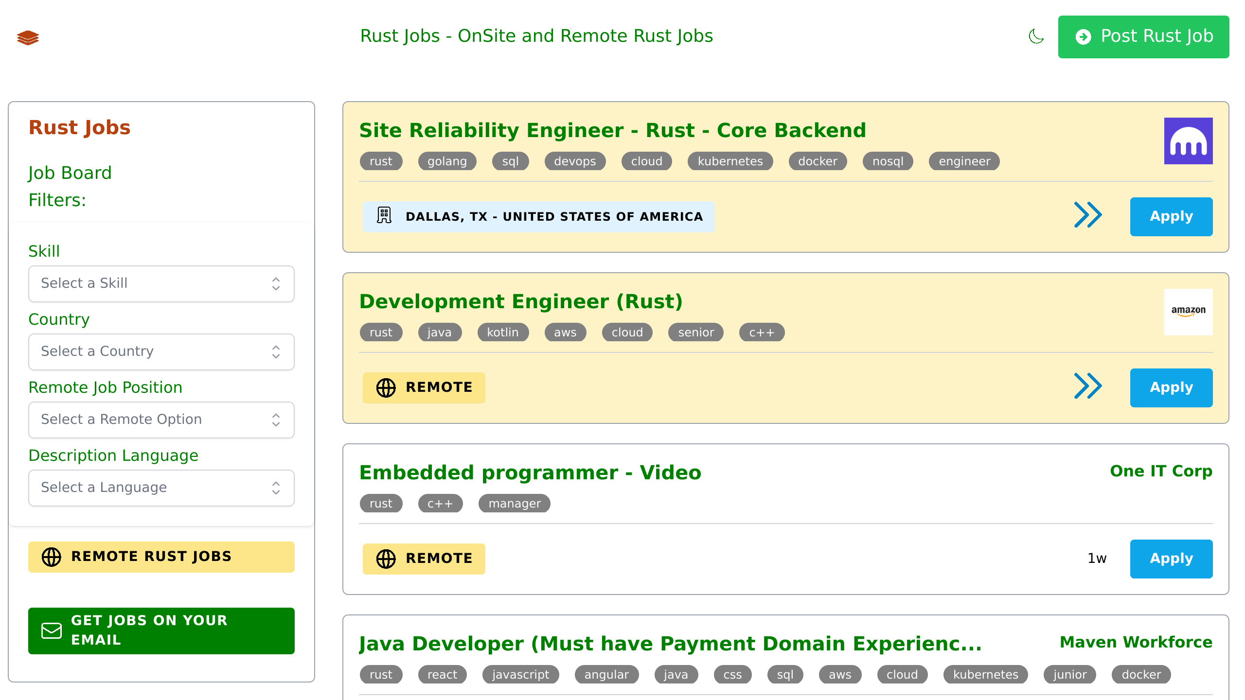 Rust Jobs's website screenshot