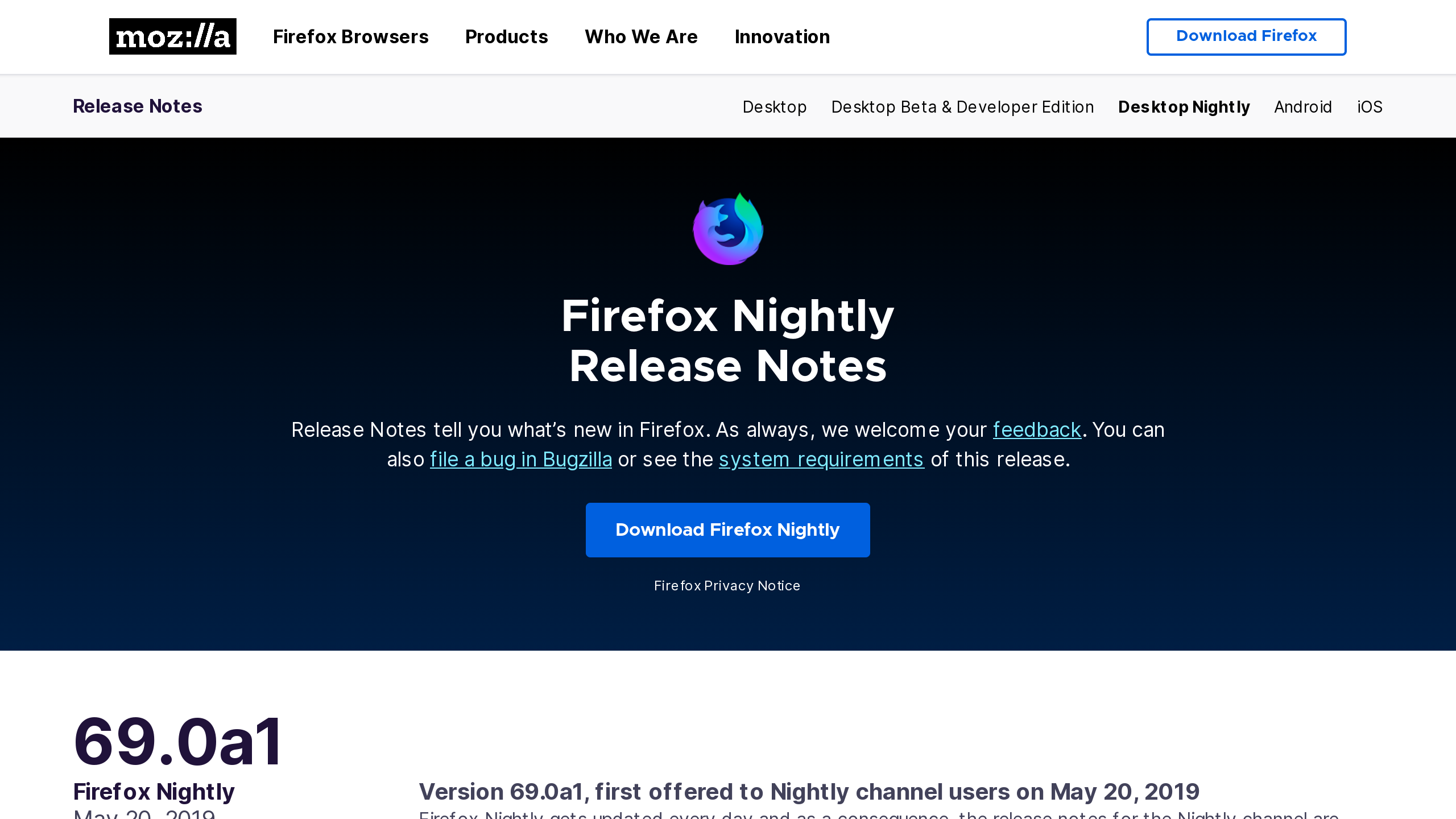 Firefox Nightly's website screenshot