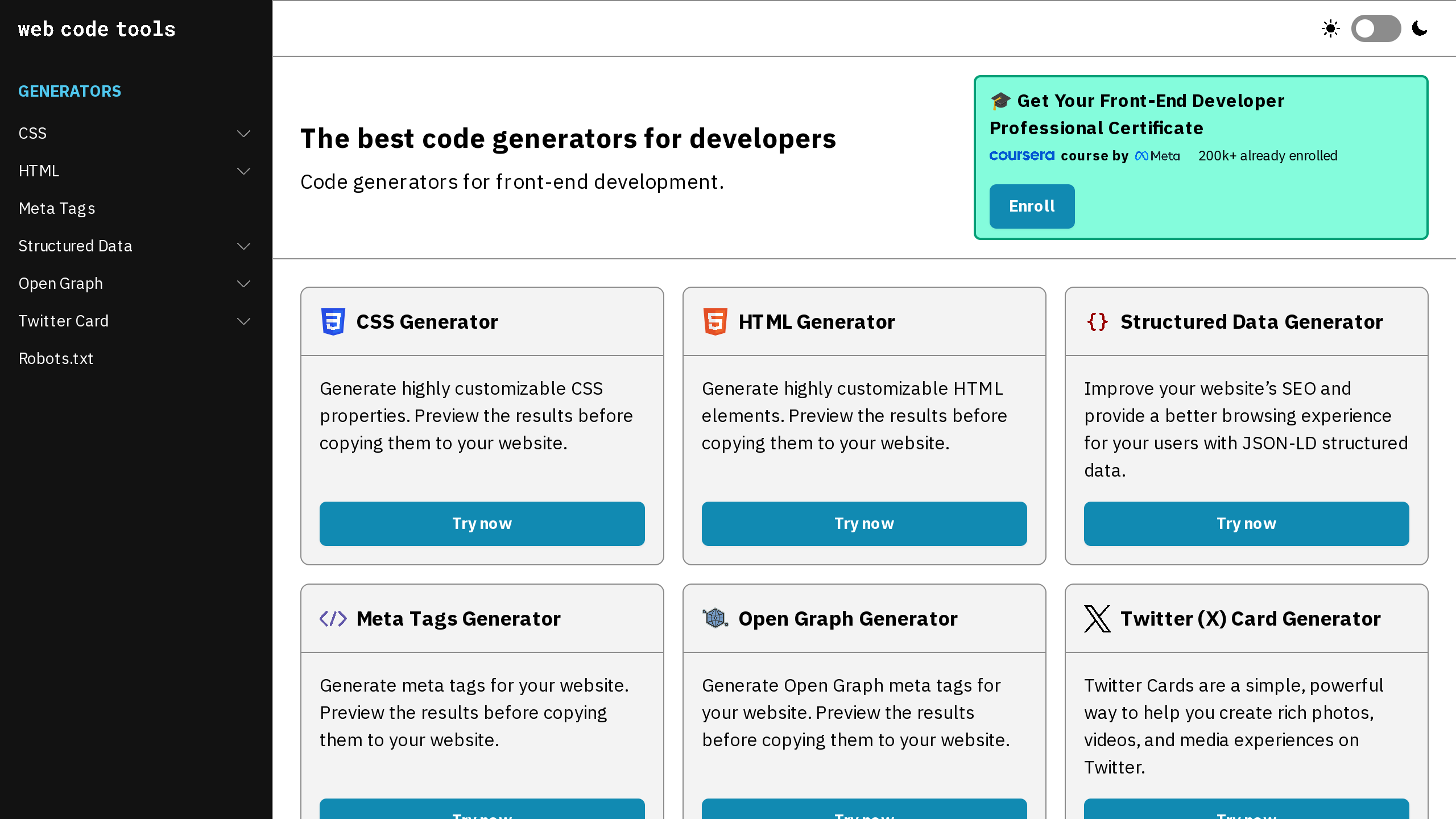 Web Code Tools's website screenshot