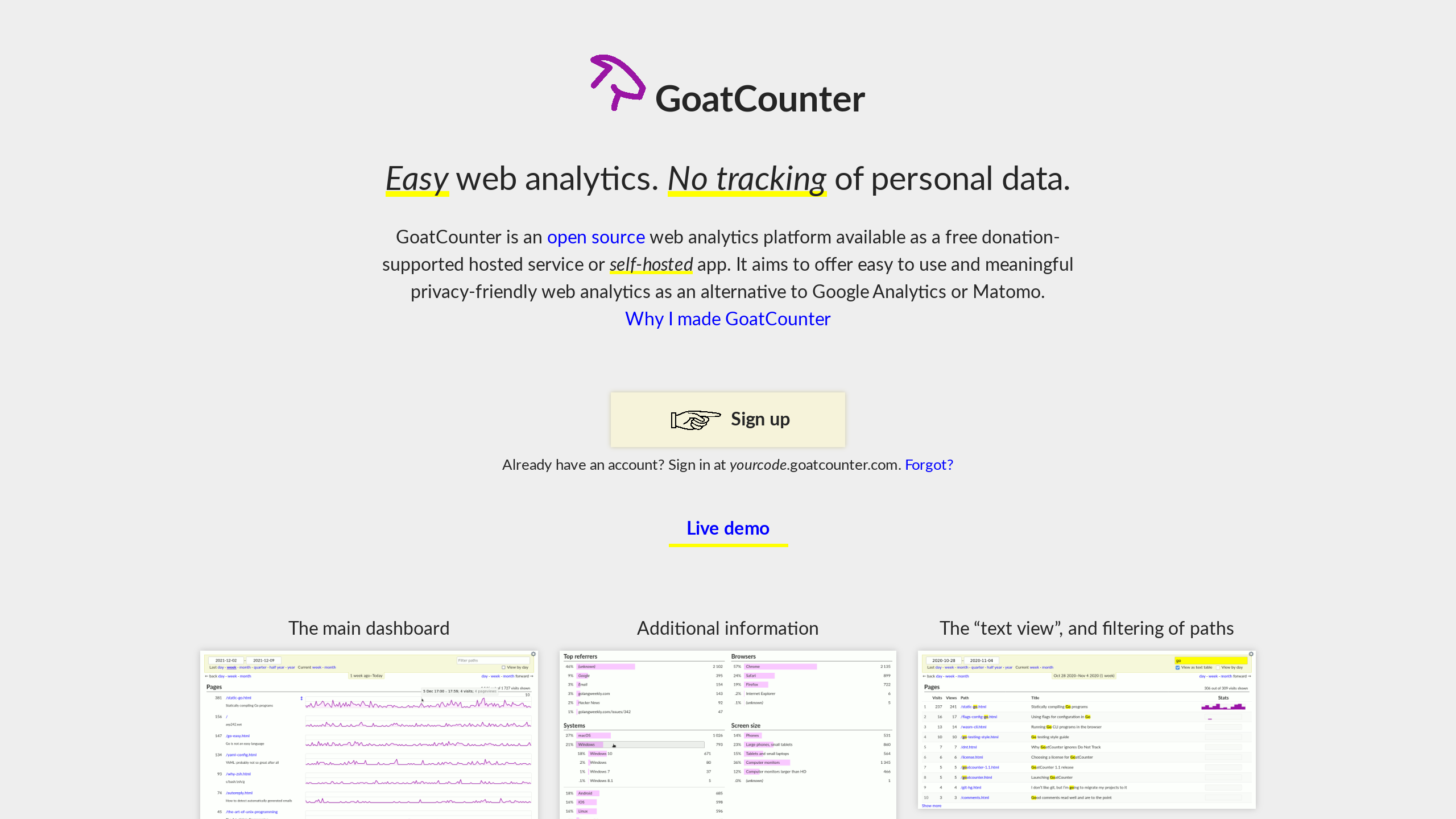 GoatCounter's website screenshot