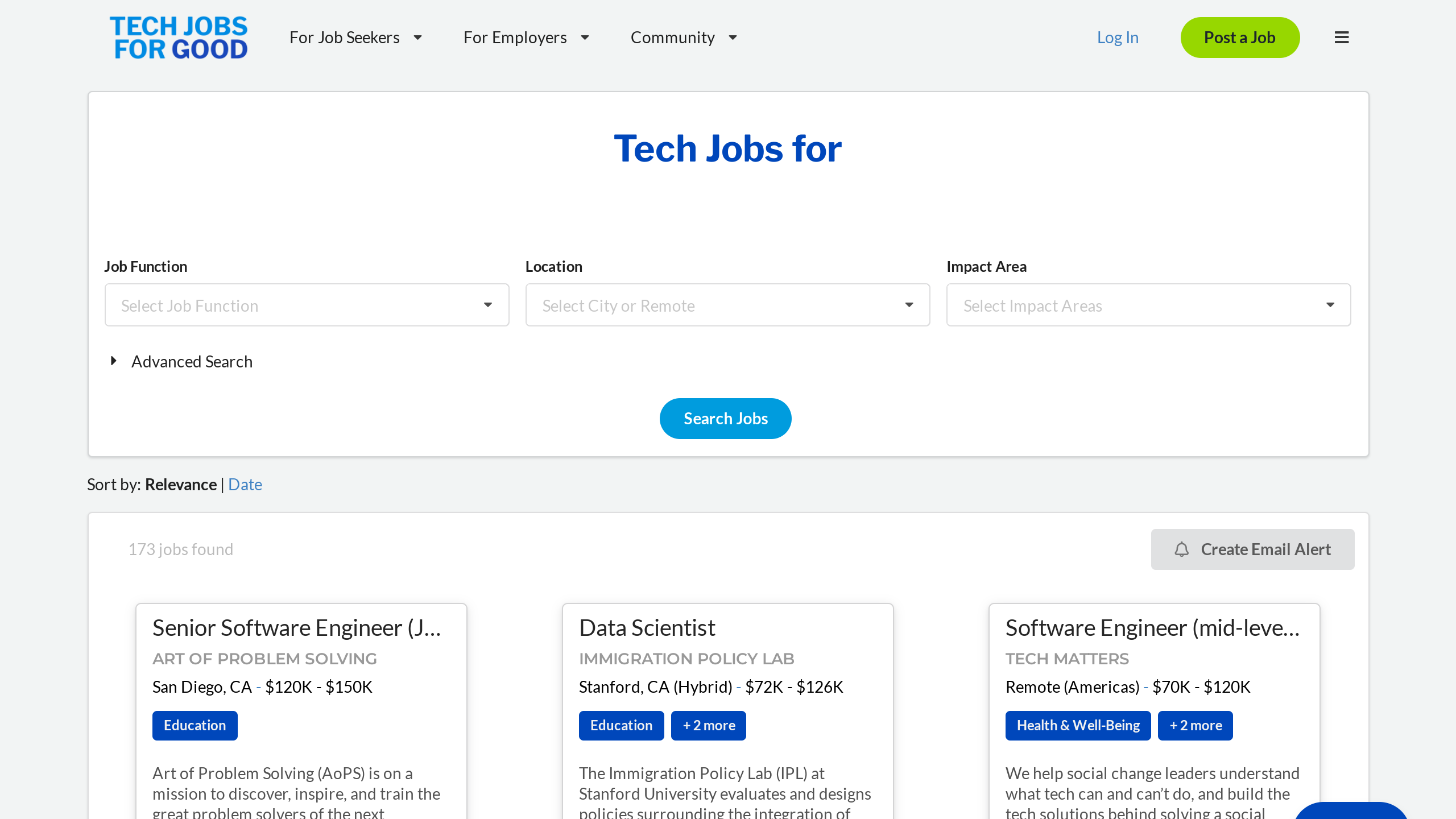 Tech Jobs For Good's website screenshot