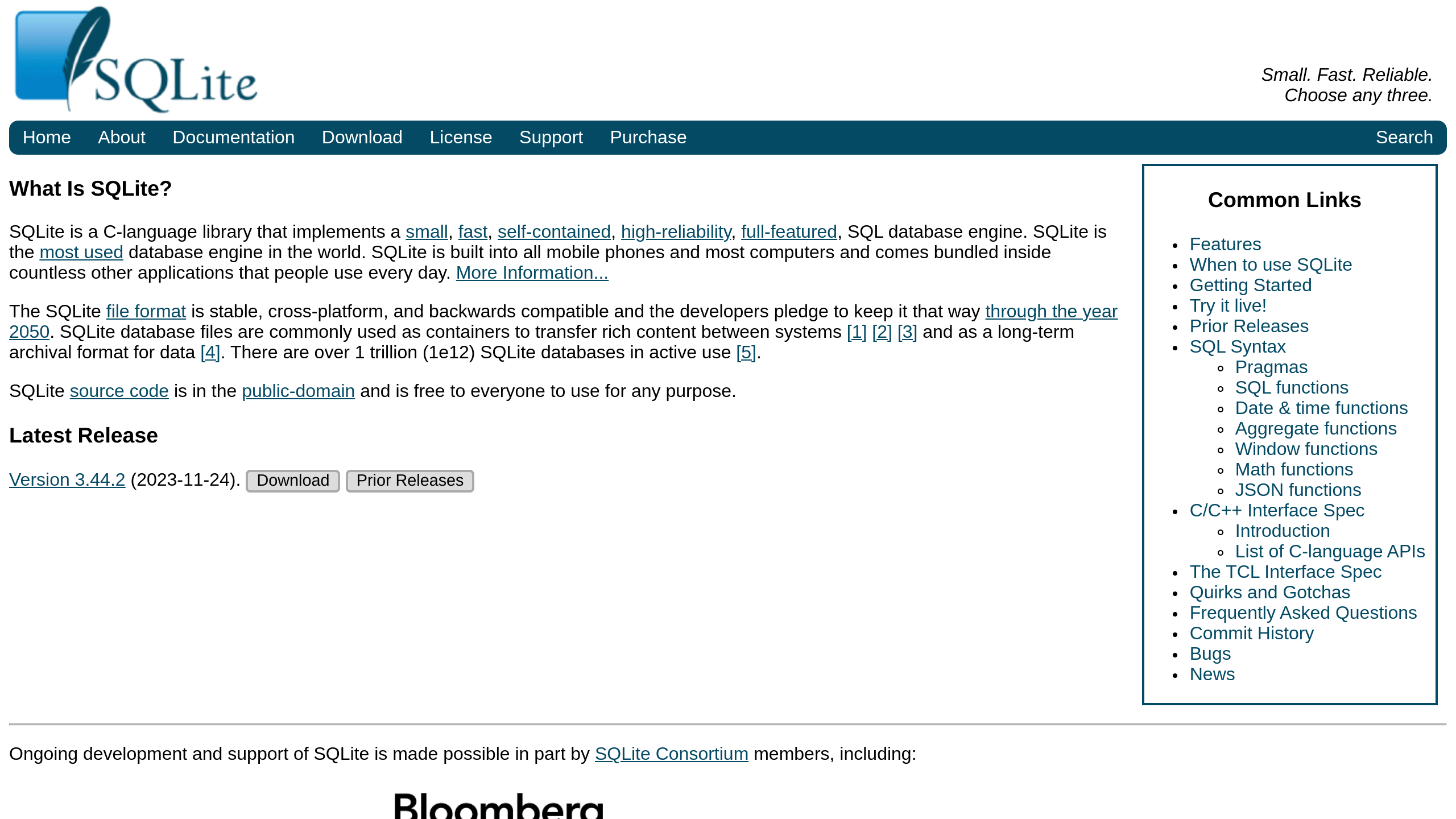 SQLite's website screenshot