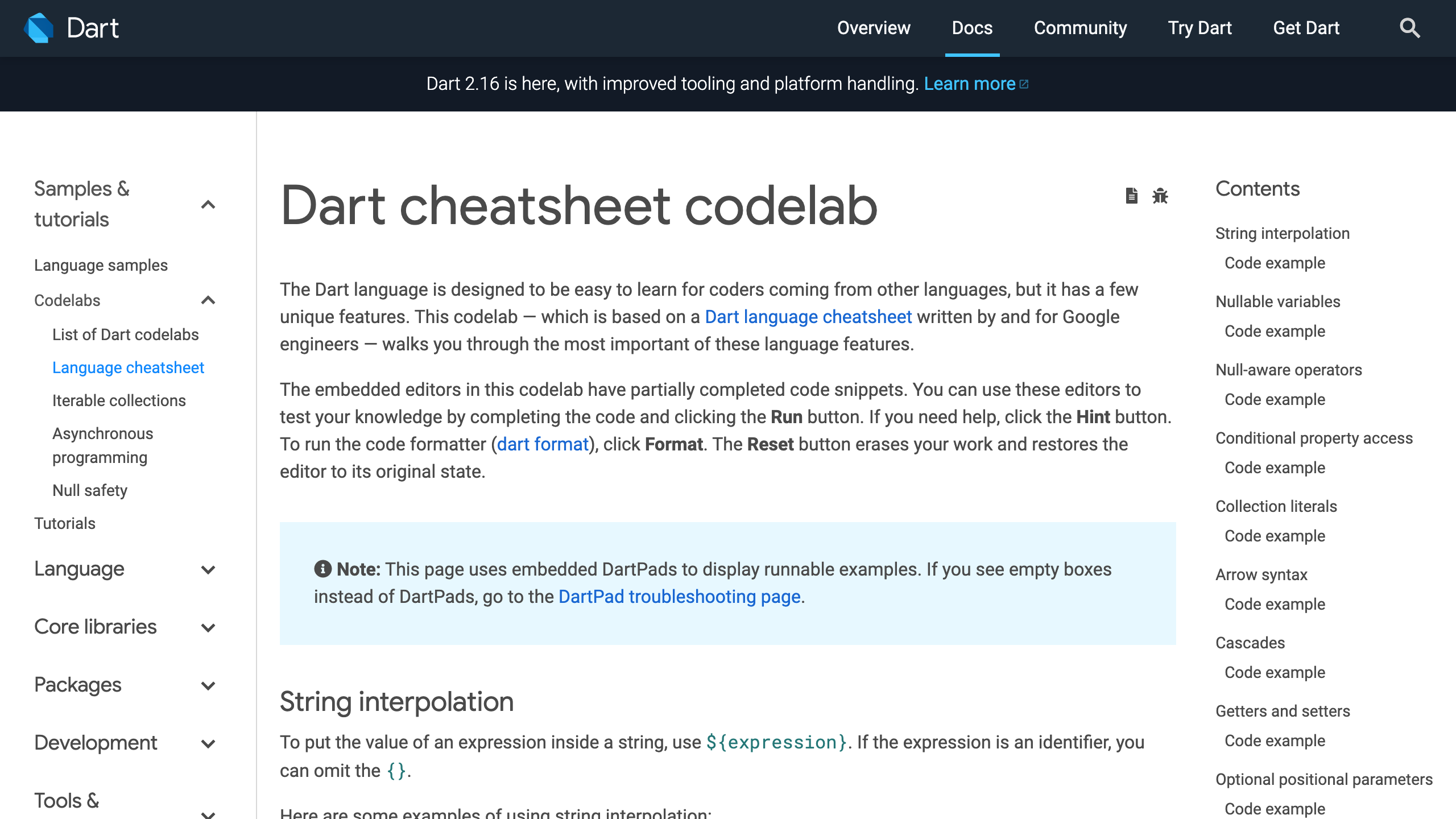 Dart Cheatsheet Codelab's website screenshot