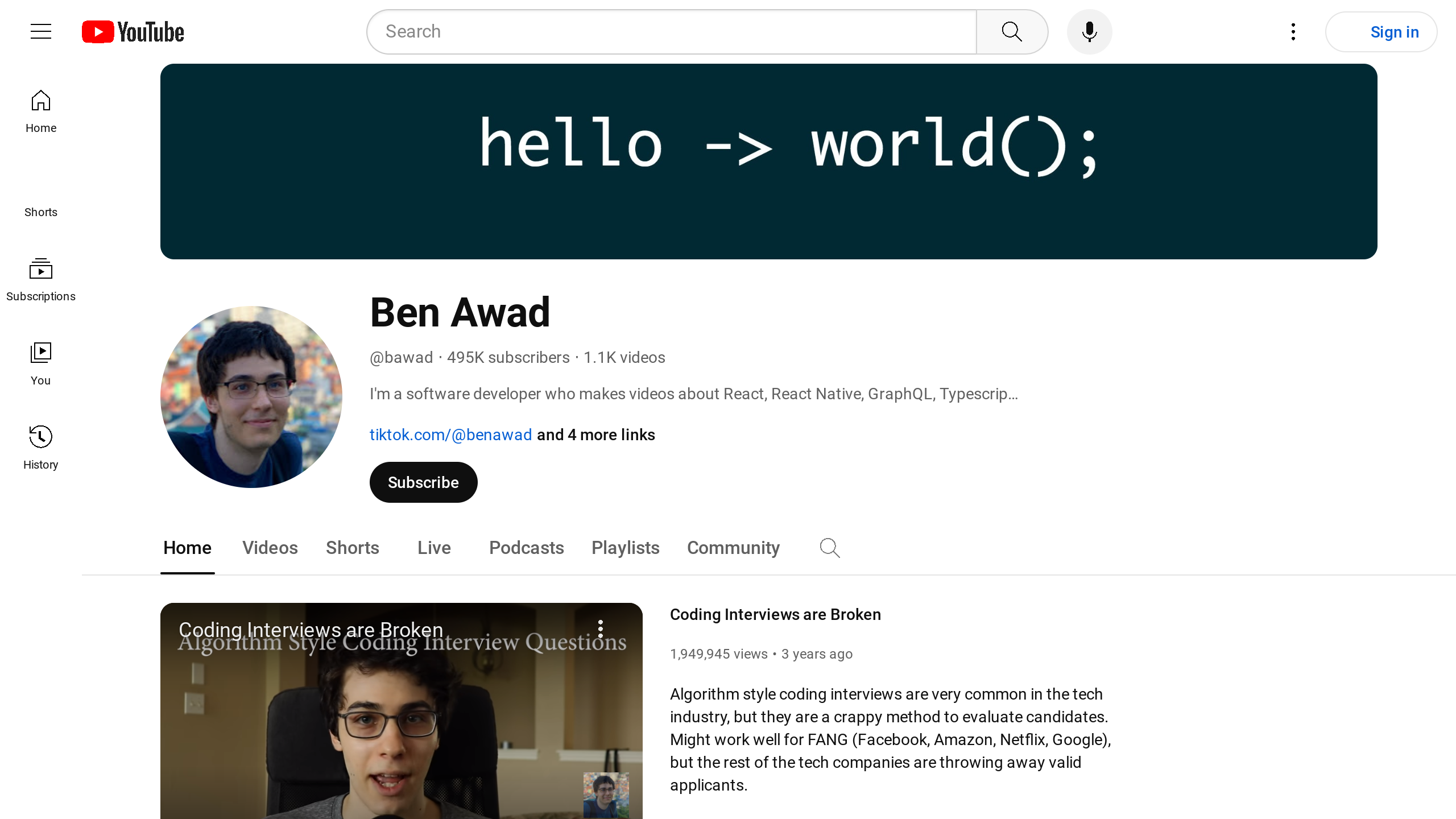 Ben Awad's website screenshot