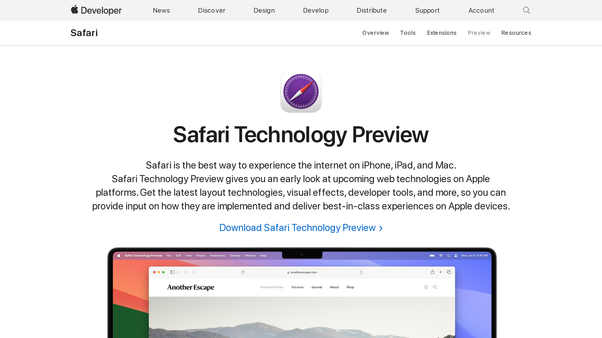 Safari Technology Preview's website screenshot